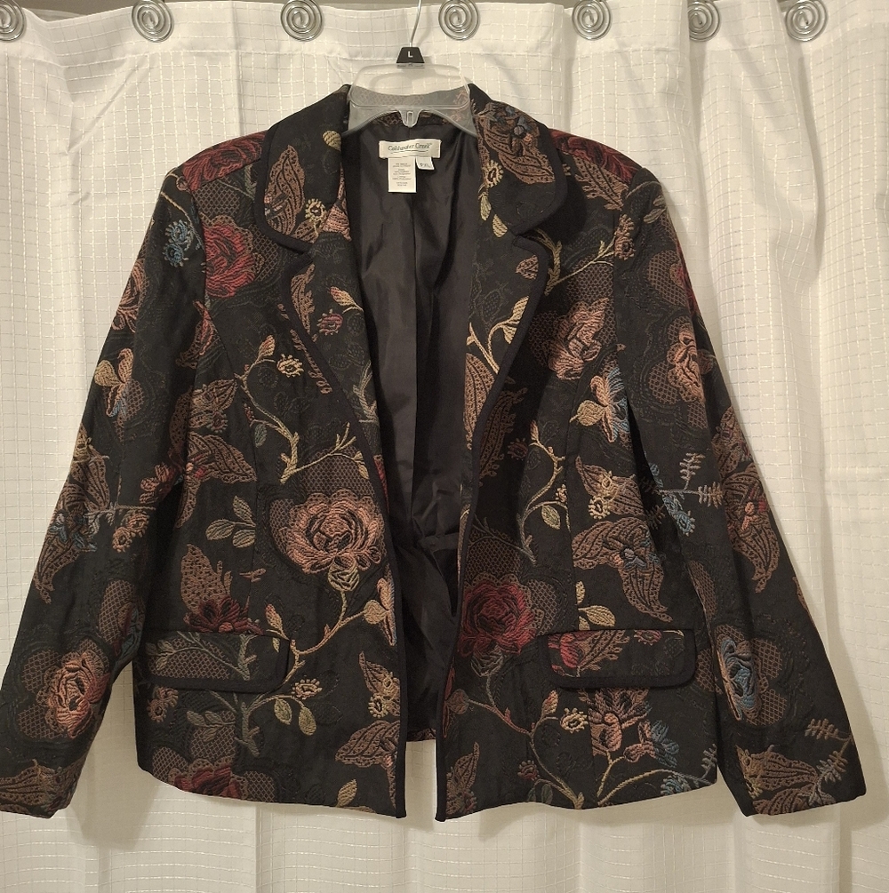 Coldwater Creek Black And Floral Tapestry Blazer, PXL.
